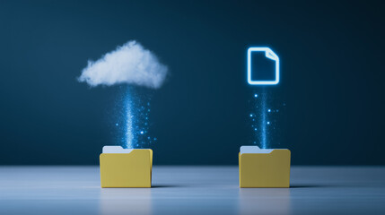 Poster - Cloud Data Transfer: Secure file transfer and cloud storage, represented by a glowing document icon and a cloud symbol, seamlessly moving data between a physical folder and the cloud.