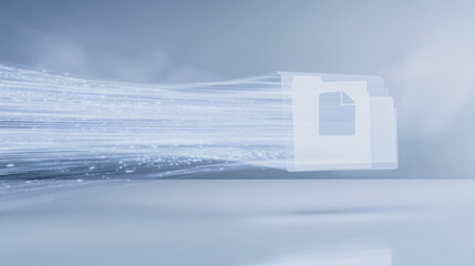 Poster - High-Speed Data Transfer: A stylized representation of a file icon streaking across a digital landscape, symbolizing rapid data transmission and efficient processing speeds.