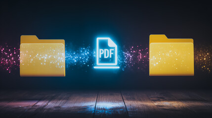 Poster - Data Transfer Visualization: A digital PDF file streams seamlessly between two folders in a glowing display, a concept of digital information exchange and data processing.