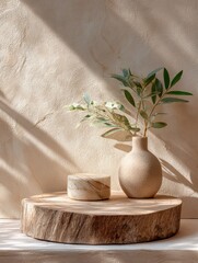 Poster - Minimalist Still Life Composition with a Neutral Ceramic Vase Containing Green Foliage and a Marble Container on an Organic Wooden Platform