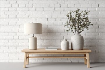 Fototapete - Minimalist Modern Interior Decor with Wooden Bench and White Brick Wall Featu Table Lamp and Potted Plants