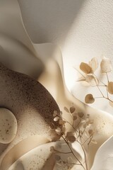 Poster - Abstract minimalist composition with textured surfaces smooth flowing fabric and dried leaves creating soft shadows in neutral tones for interior design