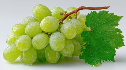 Poster - Fresh Green Grapes with Water Droplets and a Large Green Grape Leaf on a White Background for Healthy Food and Fruit Display