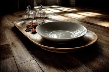 Poster - Elegant Minimalist Dining Table Setting with White Ceramic Plate and Glass Bottles on Wooden Surface in Warm Atmosphere