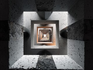 Poster - Architectural perspective shot of a modern geometric concrete staircase with square openings and deep shadows, minimalistic design