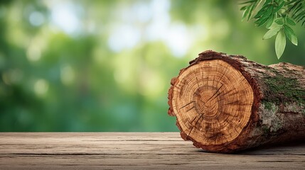 Aufkleber - Natural Wooden Log with Visible Growth s and Bark Resting on a Rustic Wooden Surface in a Bright Green Outdoors Setting with Blurred Forest Background