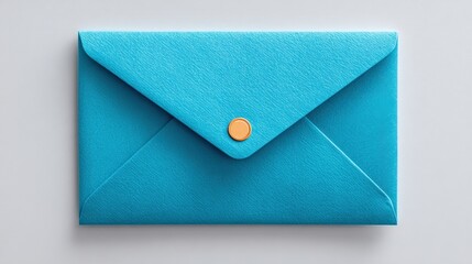 Poster - Elegant blue envelope with a circular metallic clasp on a light gray background perfect for invitations and greetings