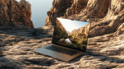 Poster - Modern slim laptop open on rocky terrain near waterfall with mountain cliffs and lush greenery under bright sky in daylight