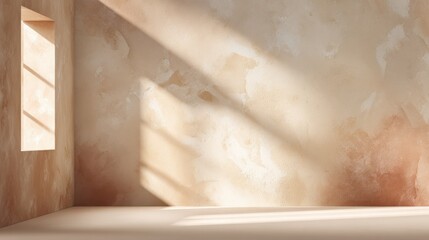 Poster - Bright Sunlight Filte Through Window Illuminates Rustic Plaster Wall in Cozy Room with Soft Shadows and Warm Atmosphere