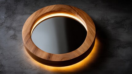 Poster - Modern round mirror with built-in LED lighting illuminating the wooden frame and reflective glass surface on dark textured background