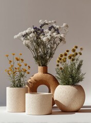 Aufkleber - Elegant minimalist floral arrangement with white, yellow, and purple wildflowers in textured modern ceramic vases on neutral background