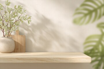 Poster - Minimalist wooden shelf with potted plants on a neutral background for home decor and interior design decoration ideas