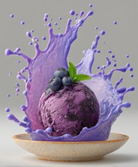 Aufkleber - Fresh Berry Ice Cream Scoop with Blueberries Mint Leaf and Vibrant Purple Spray on a Ceramic Plate in Close-Up
