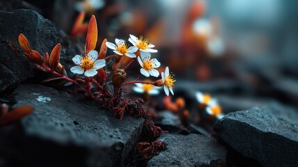 Aufkleber - Close-up of delicate white and yellow flowers blooming on dark volcanic rocks du sunrise in a natural landscape scene