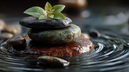 Aufkleber - Peaceful Zen Stone Stacking with Green Leaves on Smooth Pebbles in Calm Water for Meditation and Relaxation Practice