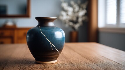 Poster - Beautiful ceramic vase with a crackle glaze and lightning pattern on a wooden table in a bright room with natural light and decorative elements