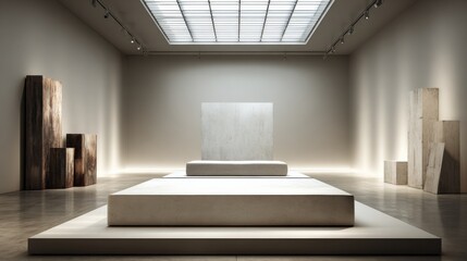 Poster - Minimalist Art Gallery Interior with White Sculpture on Elevated Platform and Wooden Blocks in Contemporary Museum Setting