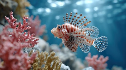 Poster - Brightly Colored Lionfish Swimming Near Coral Reef Underwater Scene with Sunlight Rays and Marine Flora and Fauna