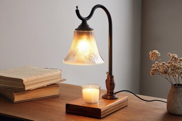 Aufkleber - Elegant vintage-style table lamp with a curved black metal arm and a warm glowing glass shade on a wooden desk with books and dried flowers