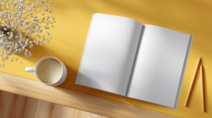 Poster - Open blank notebook on wooden desk with coffee cup and decorative flowers in bright cozy workspace home office setting