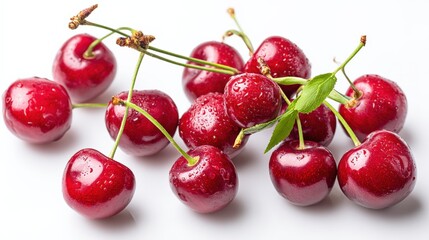 Poster - Fresh juicy red cherries with water droplets on smooth skin and green stems on a white background for healthy diet and summer refreshment