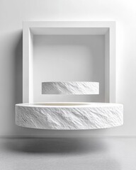 Poster - Minimalist white wall shelf with rectangular hollow niche display space and textured semi-circular floating platform in modern interior design