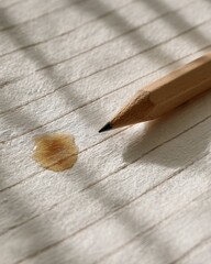 Poster - Close-up of a wooden pencil making a mark on a lined paper with a coffee stain, emphasizing writing, note-taking, and stationery items in detail