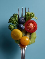 Poster - Fresh and colorful assortment of vegetables and fruits pierced on a silver fork against blue background for healthy eating nutrition or vegetarian theme