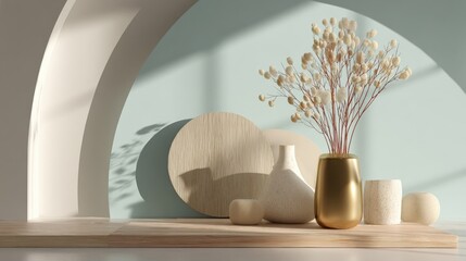 Poster - Elegant Minimalist Decor with Ceramic Vases and Dried Flowers on Light Wooden Surface Below Arched Window in Soft Natural Light
