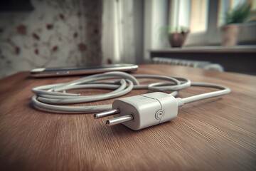 Aufkleber - Close-up of white European-style electrical power plug with cable coiled on wooden table in natural daylight with blurred background in home interior