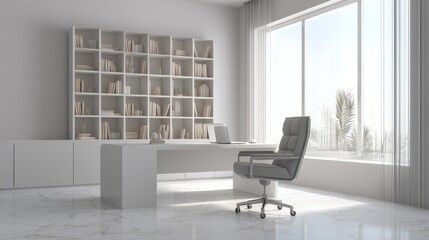 Poster - Modern minimalist office space with large window view, white bookshelves and sleek ergonomic chair in bright contemporary interior design