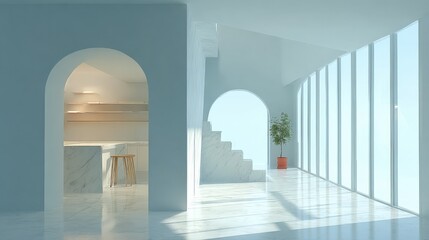Aufkleber - Bright modern minimalist interior with large floor-to-ceiling overlooking scenic view in contemporary home with indoor plants and staircase