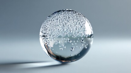 Poster - Close-up of a clear glass sphere reflecting a bright light source and tiny water droplets on its surface with a smooth gradient background