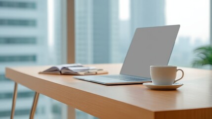 Poster - Modern workspace with laptop open on wooden desk overlooking cityscape with tall skyscrapers and natural light streaming in