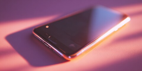 Poster - Sleek modern smartphone with a glossy screen and metallic edges lying on a pink surface illuminated by colorful lighting for technology and communication visuals