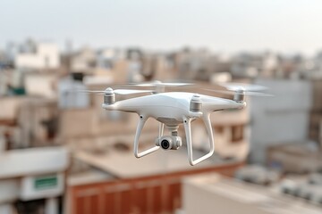 Poster - Drone flying over a densely populated urban cityscape with residential and commercial buildings du daytime
