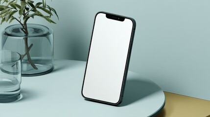 Poster - Modern sleek black smartphone with large blank screen on round table with decorative glass jars and indoor plant in contemporary home setting