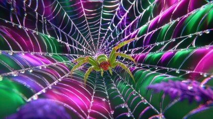 Spider Web with Dew Drops and Spider, Close-up Macro Photography, Intricate Design