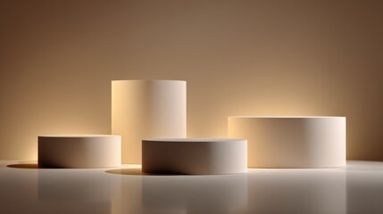 Poster - Minimalist modern beige and cream cylindrical podiums of various heights on neutral background for product display or promotional presentation