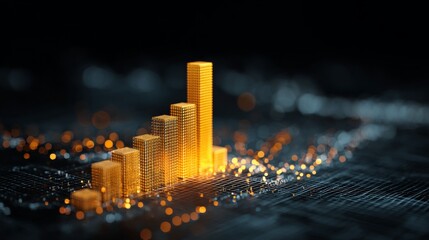 Poster - Abstract D bar graph emerging from a digital grid, with dynamic lighting effects, illustrating growth and change in data visually.