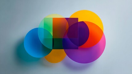Aufkleber - Abstract geometric shapes in vibrant colors, overlapping and forming a modern, dynamic design with shadows and depth on a minimalist background