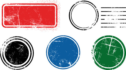 Poster - Grunge stamp vector set of red blue green and black circle and rectangle shapes for logo design and text vector illustration