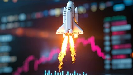 Poster - Rocket model soaring upward, futuristic design with dynamic graphs in background, representing innovation and growth.
