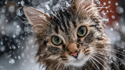 Poster - An engaging shot of a cat with wet fur shaking off water droplets, with a playful expression, highlighting the fun and chaos of bath time.