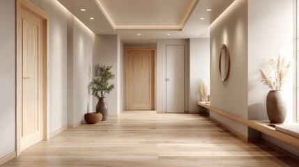 Aufkleber - An inviting minimalist hallway with wooden flooring, soft lighting, and a few decorative elements that enhance the simplicity and elegance of the space