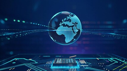 Futuristic Digital Globe Hologram Over Circuit Board Technology Background