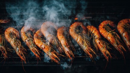 Aufkleber - An overhead view of a sizzling grill filled with large shrimp, their shells caramelized to perfection, emitting steam and capturing the essence of outdoor cooking.