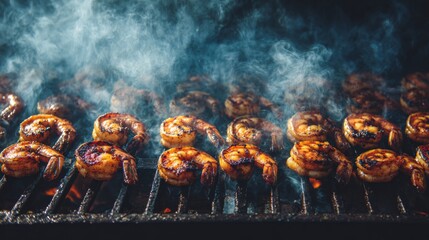 Aufkleber - An overhead view of a sizzling grill filled with large shrimp, their shells caramelized to perfection, emitting steam and capturing the essence of outdoor cooking.