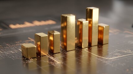 Poster - A D bar graph with bright, metallic bars showing financial data in a minimalist setting, with a modern, sleek digital interface in the background.