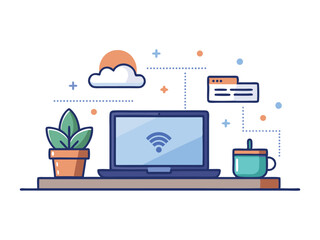 Fototapete - Modern flat design illustration of a laptop with wifi symbol potted plant and coffee cup on a desk isolated on white background
